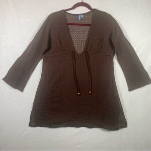 St John's Bay Brown Open Knit V-Neck Swim Cover W/Front Tie Size Large